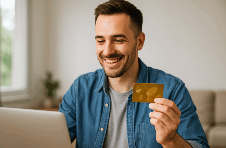 Junger Mann freut sich über ihre neue TF Bank Kreditkarte mit zinsfreiem Zahlungsziel